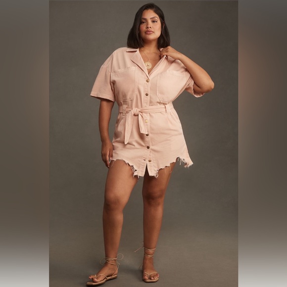 ✨ Anthropologie Short-Sleeve Deconstructed Denim Mini Dress Sz L - Picture 7 of 9